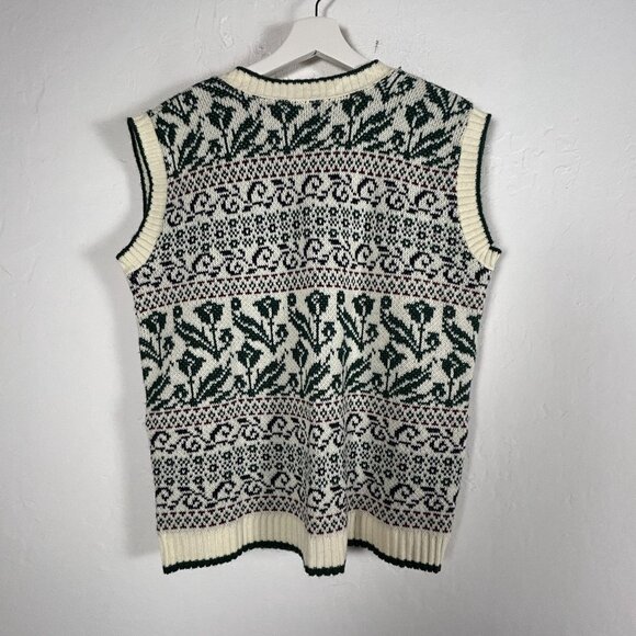 Vintage College Point Button Up Knit Sweater Vest Large Floral Fair Isle Green - Picture 2 of 5